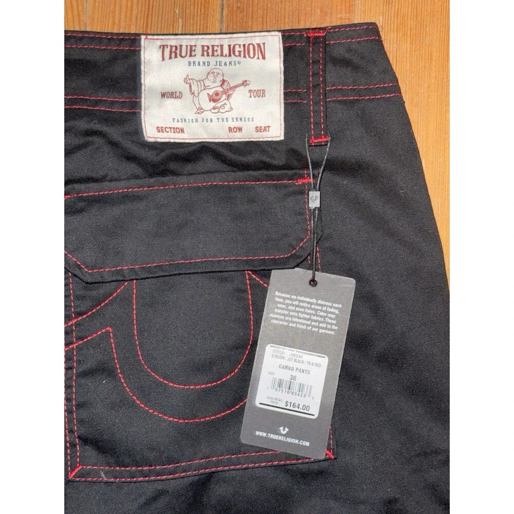 True Religion Men's Jet Black Cargo Pants with Red Contrast Stitch Size 36 NWT
